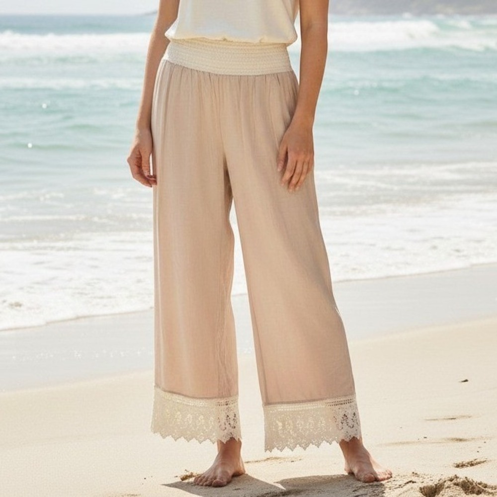 Pantaloons Crochet Trim Pant Cream Wide Leg Pants Boho Summer Festival Casual M‎